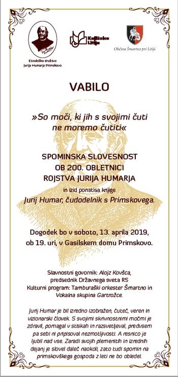 SPOMINSKA SLOVESNOST OB 200. OBLETNICI ROJSTVA JURIJA HUMARJA