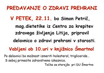 PREDAVANJE O ZDRAVI PREHRANI-DRUŠTVO UPOKOJENCEV-TOČKA ZA STAREJŠE