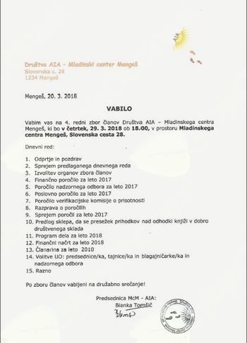 Vabilo na 4. redni zbor članov društva AIA 