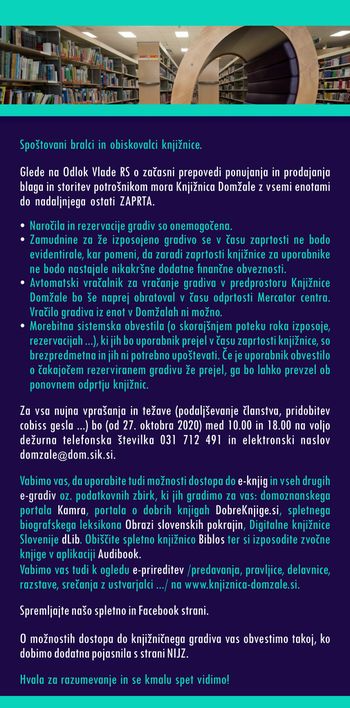 Knjižnica Domžale in vse njene enote od 26.10.2020 do preklica zapirajo svoja vrata