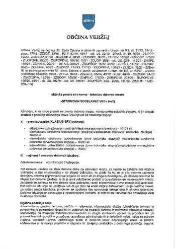 OBČINA VERŽEJ OBJAVLJA PROSTO DELOVNO STROKOVNO-TEHNIČNO DELOVNO MESTO "STROKOVNI SODELAVEC VII/1"