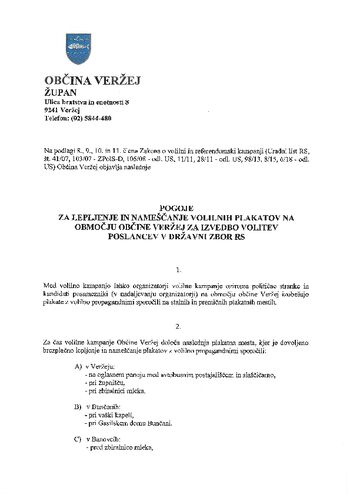 POGOJI ZA LEPLJENJE IN NAMEŠČANJE VOLILNIH PLAKATOV NA OBMOČJU OBČINE VERŽEJ ZA IZVEDBO VOLITEV  POSLANCEV V DRŽAVNI ZBOR RS