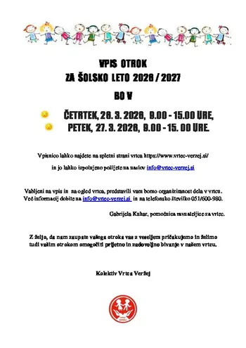 VPIS OTROK V VRTEC VERŽEJ ZA ŠOLSKO LETO 2026/2027