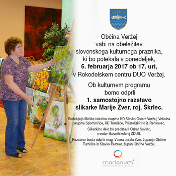 Prireditev ob slovenskem kulturnem prazniku - odprtje 1. samostojne razstave slikarke Marije Zver