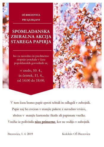 Spomladanska zbiralna akcija starega papirja - OŠ Brezovica - odpade