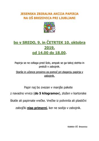 Jesenska zbiralna akcija papirja na OŠ Brezovica pri Ljubljani