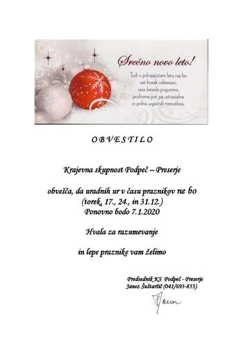 Obvestilo - uradne ure v KS Podpeč