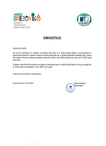 V ponedeljek, 14.8.2023, so vrtci zaprti