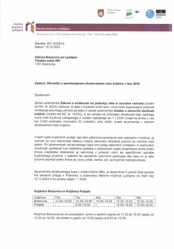 Obvestilo o spremenjenem obratovalnem času knjižnice Brezovica in Knjižnice Podpeč v letu 2024