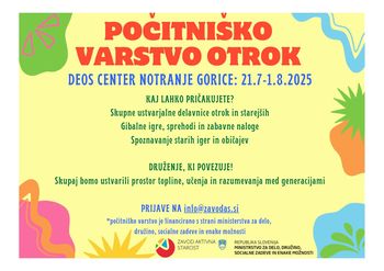 Brezplačno počitniško varstvo otrok - DEOS center Notranje Gorice - 21.7. - 1.8.2025 Brezplačno počitniško varstvo otrok - DEOS center Notranje Gorice - 21.7. - 1.8.2025