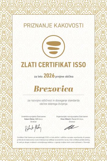 Občina Brezovica je nosilka Zlatega certifikata ISSO za leto 2026