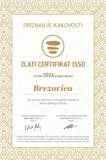 Občina Brezovica je nosilka Zlatega certifikata ISSO za leto 2026