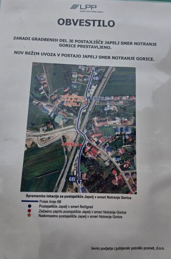 Obvestilo LPP - postajališče Japelj v smeri Notranjih Goric je prestavljeno
