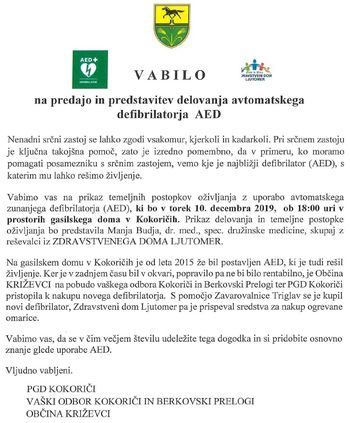 Predaja in predstavitev delovanja AED Kokoriči