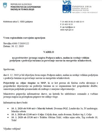 Predstavitev javnega razpisa Podpora mikro, malim in srednje velikim podjetjem s področja turizma 