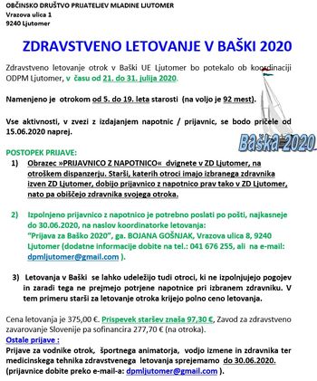 ZDRAVSTVENO LETOVANJE V BAŠKI 2020