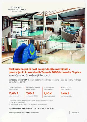 Ekskluzivna priložnost za ugodnejše razvajanje v prenovljenih in osveženih Termah 3000 Moravske Toplice za občane občine Gornji Petrovci. Ekskluzivna priložnost za ugodnejše razvajanje v prenovljenih in osveženih Termah 3000 Moravske Toplice za občane občine Gornji Petrovci.