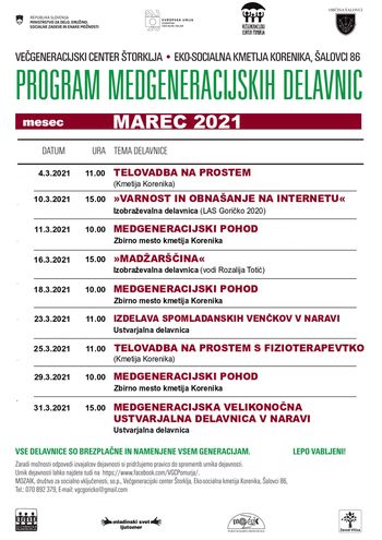 DELAVNICE IN AKTIVNOSTI V VEČGENERACIJSKEM CENTERU ŠTORKLJA V MESECU MARCU
