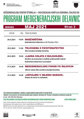 DELAVNICE IN AKTIVNOSTI V VEČGENERACIJSKEM CENTERU ŠTORKLJA V MESECU MAJU