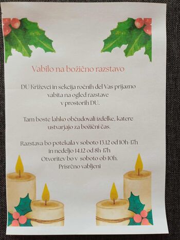 VABILO NA BOŽIČNO RAZSTAVO DRUŠTVA UPOKOJENCEV KRIŽEVCI - SEKCIJA ROČNIH DEL