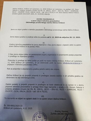 JAVNO NAZNANILO O JAVNI OBJAVI TEHNIČNE POSODOBITVE OBČINSKEGA PROSTORSKEGA NAČRTA OBČINE KRIŽEVCI