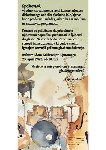 VABILO NA JAVNI KONCERT UČENCEV GLASBENE ŠOLE, 23. APRIL 2026