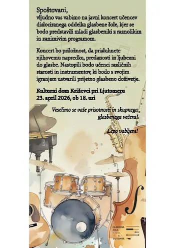 VABILO NA JAVNI KONCERT UČENCEV GLASBENE ŠOLE, 23. APRIL 2026