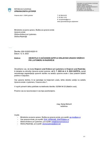 OBVESTILO O ZAČASNEM ZAPRTJU KRAJEVNIH URADOV KRIŽEVCI PRI LJUTOMERU IN RAZKRIŽJE