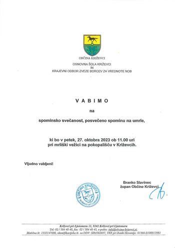 Vabilo na spominsko svečanost, posvečeno spominu na umrle