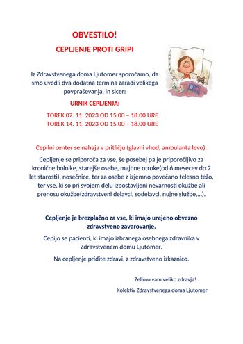 OBVESTILO - Cepljenje proti gripi v ZD Ljutomer