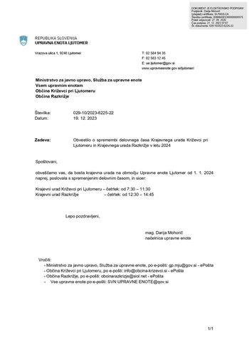 Obvestilo o spremembi delovnega časa Krajevnega urada Križevci pri Ljutomeru Obvestilo o spremembi delovnega časa Krajevnega urada Križevci pri Ljutomeru