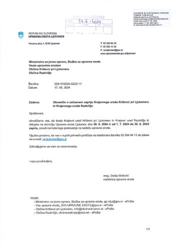 Obvestilo o začasnem zaprtju Krajevnega urada Križevci pri Ljutomeru dne 20.06.2024 in od 01.07.2024 do 30.08.2024