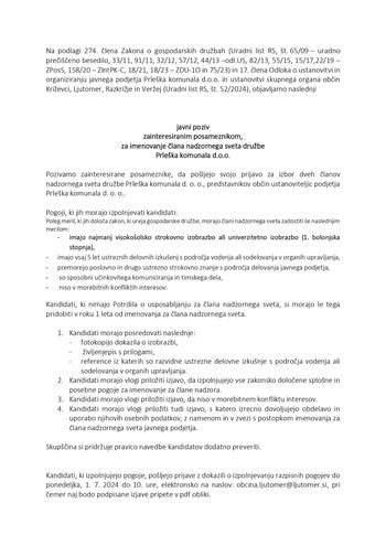 Javni poziv zainteresiranim posameznikom, za imenovanje člana nadzornega sveta družbe Prleška komunala d.o.o.
