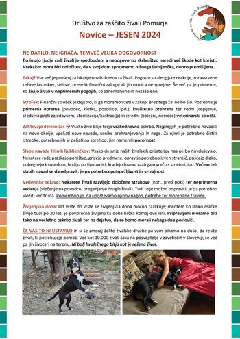 Društvo za zaščito živali Pomurja Novice – JESEN 2024