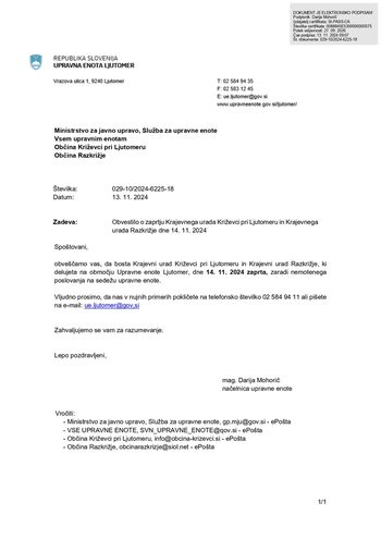 Obvestilo o zaprtju Krajevnega urada Križevci pri Ljutomeru dne 14. 11. 2024
