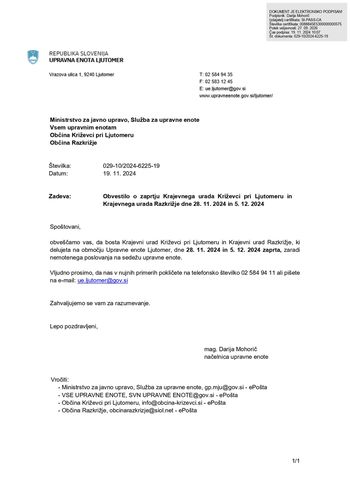 Obvestilo o zaprtju Krajevnega urada Križevci pri Ljutomeru dne 28. 11. 2024 in 5. 12. 2024