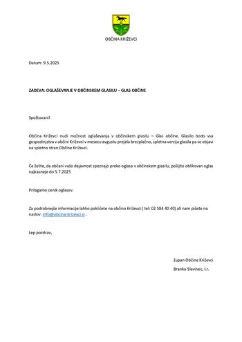 OGLAŠEVANJE V OBČINSKEM GLASILU – GLAS OBČINE