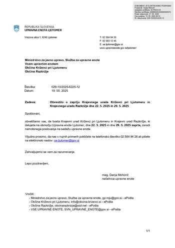 Obvestilo o zaprtju Krajevnega urada Križevci pri Ljutomeru in Krajevnega urada Razkrižje dne 22. 5. 2025 in 29. 5. 2025