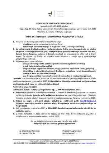 RAZPIS ZA ŠTIPENDIJE IN SOFINANCIRANJE PROJEKTOV ZA LETO 2025