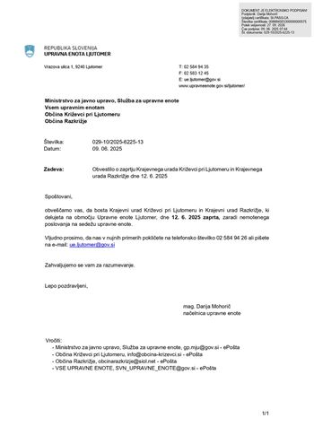 Obvestilo o zaprtju Krajevnega urada Križevci pri Ljutomeru in Krajevnega urada Razkrižje dne 12. 6. 2025