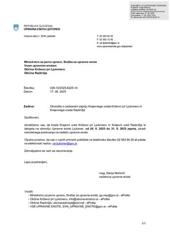 Obvestilo o začasnem zaprtju Krajevnega urada Križevci pri Ljutomeru in Krajevnega urada Razkrižje