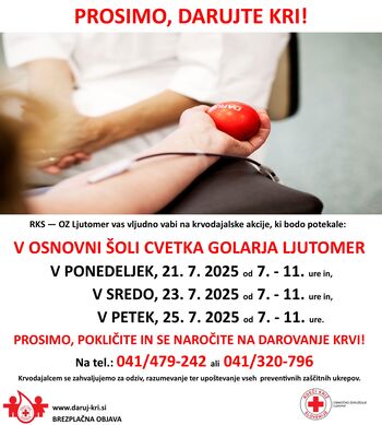 RKS - OZ Ljutomer vabi na KRVODAJALSKE AKCIJE