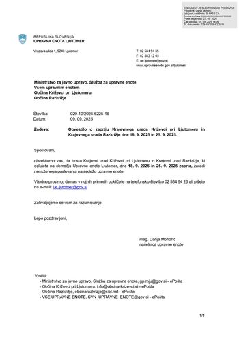 Obvestilo o zaprtju Krajevnega urada Križevci pri Ljutomeru in Krajevnega urada Razkrižje dne 18. 9. 2025 in 25. 9. 2025