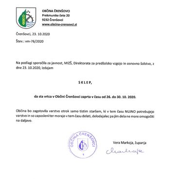 Obvestilo o zaprtju vrtcev Obvestilo o zaprtju vrtcev