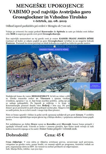Mengeške upokojence vabimo pod najvišjo Avstrijsko goro Grossglockner in Vzhodno Tirolsko v četrtek, 22. 08. 2019