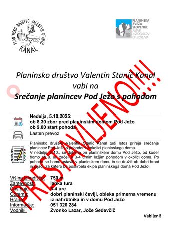Srečanje planincev pod Ježo s pohodom - PRESTAVLJENO !