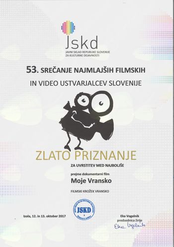 Zlato priznanje za mlade filmske ustvarjalce naše šole