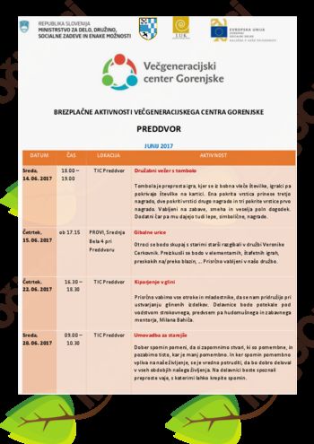 Poletne aktivnosti medgeneracijskega centra Gorenjske v Preddvoru