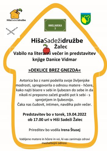 LITERARNI VEČER - PREDSTAVITEV KNJIGE DANICE VIDMAR  ''Deklice brez gnezda''