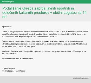 Podaljšanje ukrepa zaprtja javnih športnih in določenih kulturnih prostorov v občini Logatec